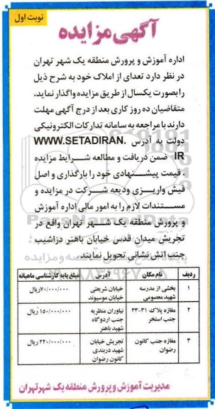 مزایده، مزایده واگذاری تعدادی از املاک