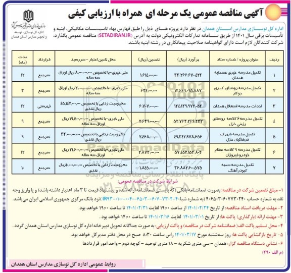 مناقصه تکمیل مدرسه خیری  و...