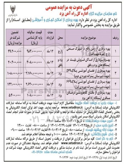 مزایده، مزایده بهره برداری از اماکن تجاری و آموزشی