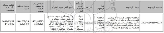 مناقصه عمومی همزمان با ارزیابی (فشرده) یک مرحله ای واگذاری تأمین نیروی انسانی در بخش صف و ستاد منطقه گرمسار،آرادان ،ایوانکی (منطقه یک )مناقصع 401/14