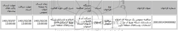 مناقصه عمومی یک مرحله ای اصلاح و بازسازی شبکه توزیع آب و انشعابات روستاهای منطقه نایین