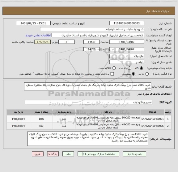 استعلام خرید 2000 عدد چرخ رینگ فلزی مخزن زباله بلبرینگ دار جهت تعمیرات دوره ای چرخ مخازن زباله مکانیزه سطح شهر