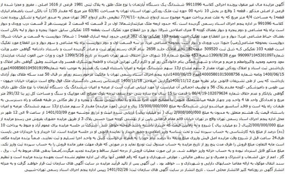 آگهی مزایده ششدانگ یک دستگاه آپارتمان با نوع ملک طلق به پلاک ثبتی 1981 فرعی از 1616 اصلی