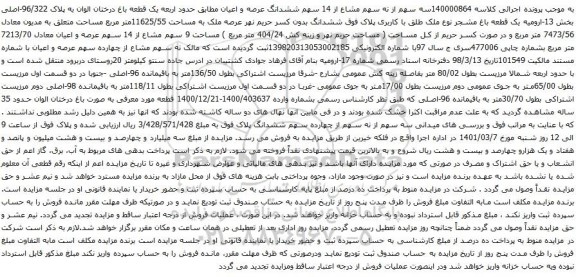 آگهی مزایده سه سهم از نه سهم مشاع از 14 سهم ششدانگ عرصه و اعیان مطابق حدود اربعه یک قطعه باغ درختان الوان به پلاک 96/322-اصلی
