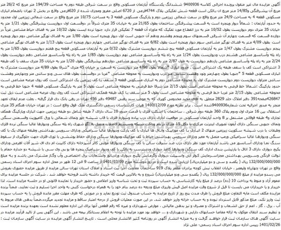 آگهی مزایده ششدانگ یکدستگاه آپارتمان مسکونی واقع در سمت شرقی طبقه دوم به مساحت 194/39 متر مربع 