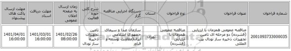 مناقصه عمومی همزمان با ارزیابی (فشرده) دو مرحله ای تامین تجهیزات ذخیره ساز نودال بین المللی