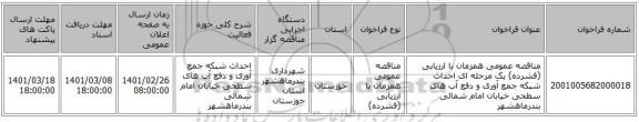 مناقصه عمومی همزمان با ارزیابی (فشرده) یک مرحله ای احداث شبکه جمع آوری و دفع آب های سطحی خیابان امام شمالی بندرماهشهر