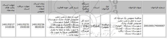 مناقصه عمومی یک مرحله ای خرید و حمل و نصب چمن مصنوعی فوتبال چارک شهرستان بندرلنگه - فتوئیه شهرستان بستک - کمشک شهرستان بستک- زنگارد شهرستان بستک