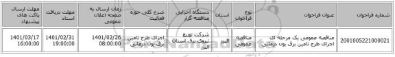 مناقصه عمومی یک مرحله ای اجرای طرح تامین برق یون درمانی