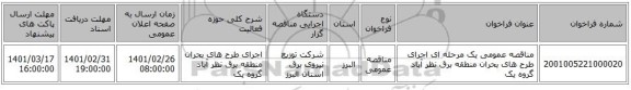 مناقصه عمومی یک مرحله ای اجرای طرح های بحران منطقه برق نظر آباد گروه یک