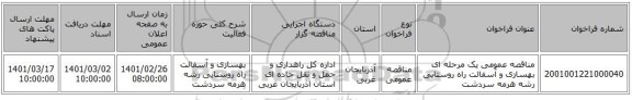 مناقصه عمومی یک مرحله ای بهسازی و آسفالت راه روستایی رشه هرمه سردشت