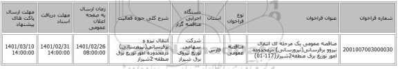 مناقصه عمومی یک مرحله ای انتقال نیروو برقرسانی(نیرورسانی) درمحدوده امور توزیع برق منطقه2شیراز(117-01)
