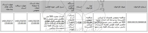 مناقصه عمومی همزمان با ارزیابی (فشرده) دو مرحله ای احداث مخزن 500 متر مکعبی بتنی زمینی و 50 متر مکعبی فلزی هوایی همراه تاسیسات جانبی سایت روستای قلعه بلند شهر