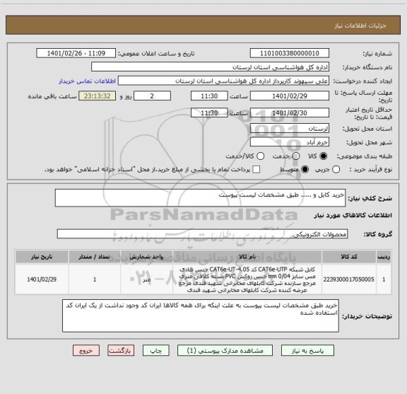 استعلام خرید کابل و ..... طبق مشخصات لیست پیوست 