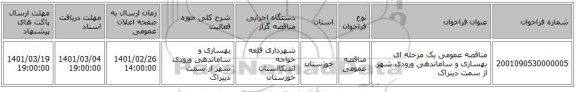 مناقصه عمومی یک مرحله ای بهسازی و ساماندهی ورودی شهر از سمت دینراک