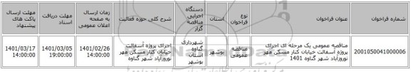 مناقصه عمومی یک مرحله ای  اجرای پروژه  آسفالت خیابان کنار مسکن مهر نوروزآباد شهر گناوه 1401