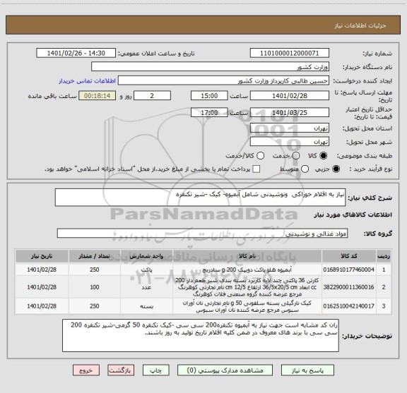 استعلام نیاز به اقلام خوراکی  ونوشیدنی شامل آبمیوه- کیک -شیر تکنفره