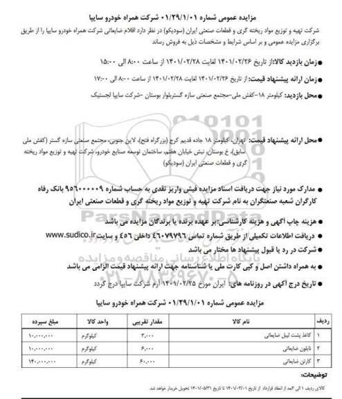مزایده، مزایده فروش اقلام ضایعاتی شرکت همراه خودرو سایپا