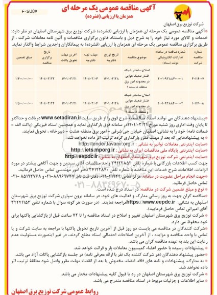 مناقصه اصلاح ساختار شبکه فشار ضعیف هوایی در محدوده امور برق ...
