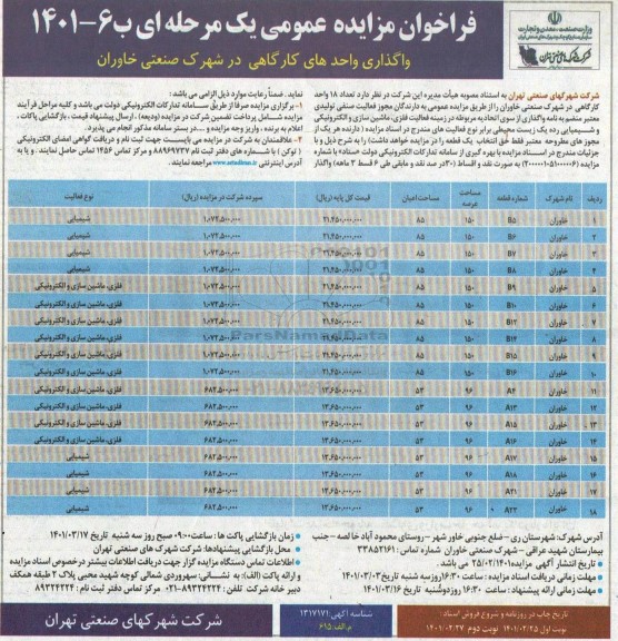 مزایده، مزایده واگذاری واحدهای کارگاهی در شهرک صنعتی - نوبت دوم