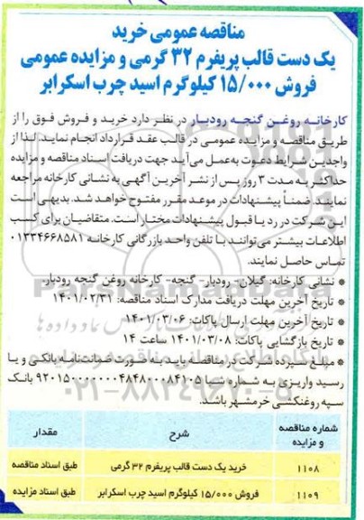 مناقصه خرید یک دست قالب پریفرم 32گرمی ...