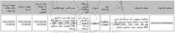 مناقصه عمومی یک مرحله ای خرید لوله چدن داکتیل تایتون پوشش دار قطر 80  ، 100 ، 150 ، 200 ، 250 و 500  میلیمتر جهت مناطق مختلف  