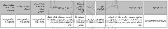 مناقصه عمومی یک مرحله ای احداث ایستگاه های تقلیل فشار ، اصلاح شبکه تغذیه و توزیع شهرستان تربت جام