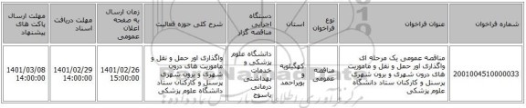 مناقصه عمومی یک مرحله ای واگذاری اور حمل و نقل و ماموریت های درون شهری و برون شهری پرسنل و کارکنان ستاد دانشگاه علوم پزشکی