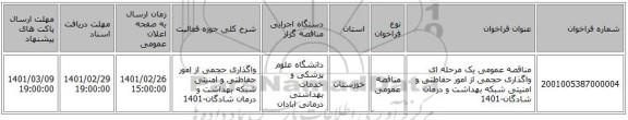 مناقصه عمومی یک مرحله ای واگذاری حجمی از  امور حفاظتی و امنیتی شبکه بهداشت و درمان شادگان-1401