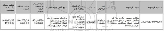 مناقصه عمومی یک مرحله ای واگذاری حجمی از  امور حفاظتی و امنیتی شبکه بهداشت و درمان خرمشهر-1401