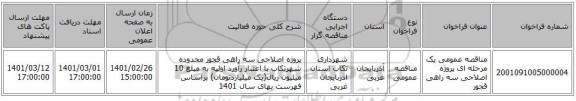مناقصه عمومی یک مرحله ای پروژه اصلاحی سه راهی قجور 