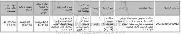 مناقصه عمومی همزمان با ارزیابی (فشرده) دو مرحله ای خرید تجهیزات گرمایشی مدارس سطح استان قزوین (بخاری گازی هرمتیک هوشمند)