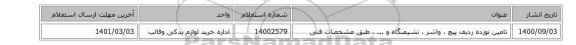تامین نوزده ردیف پیچ  ، واشر ، نشیمنگاه و ...  ، طبق مشخصات فنی