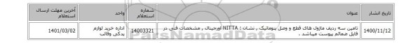 تامین سه ردیف ماژول های قطع و وصل پنوماتیک  , نشان : NITTA اورجینال  , مشخصات فنی در فایل ضمائم پیوست میباشد .