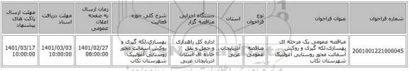 مناقصه عمومی یک مرحله ای بهسازی،لکه گیری و روکش آسفالت محور روستایی آغولبیک شهرستان تکاب   