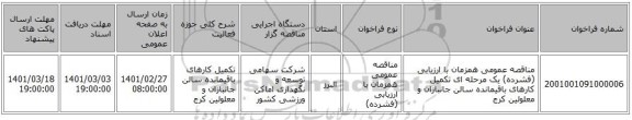 مناقصه عمومی همزمان با ارزیابی (فشرده) یک مرحله ای تکمیل کارهای باقیمانده سالن جانبازان و معلولین کرج