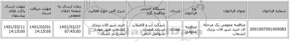 مناقصه عمومی یک مرحله ای خرید شیر الات برنزی انشعاب  