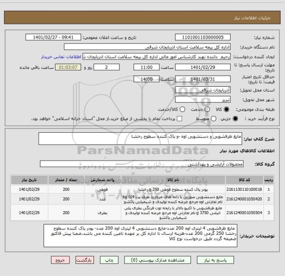 استعلام مایع ظرفشویی و دستشویی اوه -و پاک کننده سطوح رخشا
