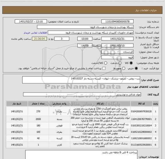 استعلام رب - روغن - آبلیمو - زرشک - لیوان - کیسه دسته دار 14010227