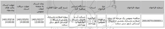 مناقصه عمومی یک مرحله ای پروژه اصلاح و بازسازی بخشی از شبکه آبرسانی شهر سی سخت
