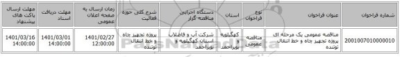 مناقصه عمومی یک مرحله ای پروژه تجهیز چاه و خط انتقال توتنده
