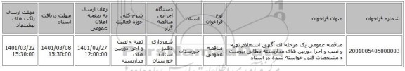 مناقصه عمومی یک مرحله ای آگهی استعلام تهیه و نصب و اجرا دوربین های مداربسته مطابق پیوست و مشخصات فنی خواسته شده در اسناد 