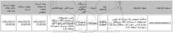 مناقصه عمومی یک مرحله ای تامین خودروهای استیجاری (28 دستگاه خودرو آژانس جهت ایاب وذهاب پرسنل شهرداری منطقه یک)