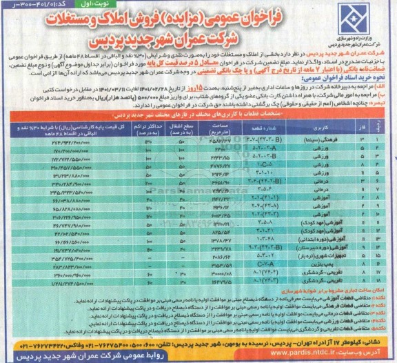 مزایده مزایده فروش املاک و مستغلات کاربری ورزشی ، درمانی ، آموزشی نوبت اول شماره 401.01-300-ر 