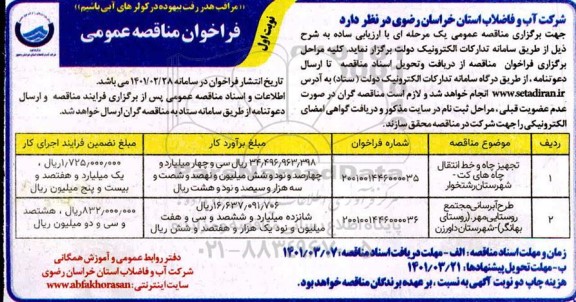 مناقصه،مناقصه تجهیز چاه و خط انتقال چاه های ...