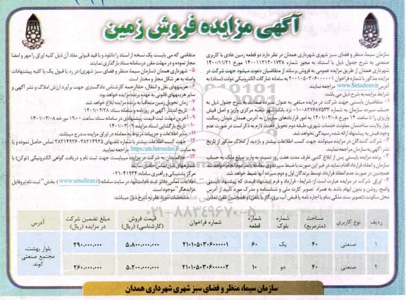 مزایده فروش دو قطعه زمین با کاربری صنعتی