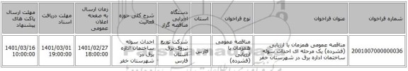 مناقصه عمومی همزمان با ارزیابی (فشرده) یک مرحله ای احداث سوله ساختمان اداره برق در شهرستان خفر 
