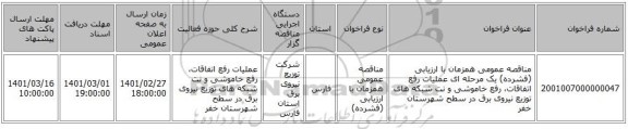 مناقصه عمومی همزمان با ارزیابی (فشرده) یک مرحله ای عملیات رفع اتفاقات، رفع خاموشی و نت شبکه های توزیع نیروی برق در سطح شهرستان خفر 