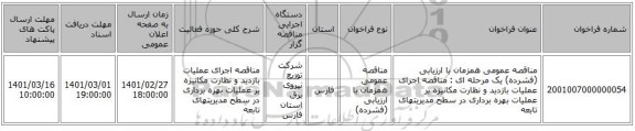 مناقصه عمومی همزمان با ارزیابی (فشرده) یک مرحله ای : مناقصه اجرای عملیات بازدید و نظارت مکانیزه بر عملیات بهره برداری در سطح مدیریتهای تابعه