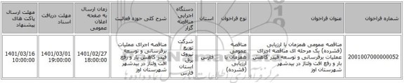 مناقصه عمومی همزمان با ارزیابی (فشرده) یک مرحله ای مناقصه اجرای عملیات برقرسانی و توسعه فیدر کاهش بار و رفع افت ولتاژ در بیدشهر شهرستان اوز